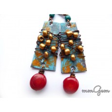 Gemstone Earrings, Boho Rustic Earrings, Coral Stone, Red Earrings, Ethnic Earrings, Enameled Earrings,